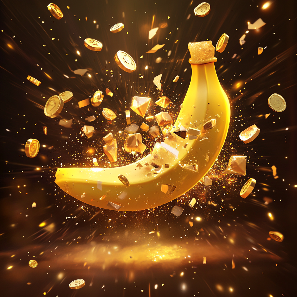 A golden banana pinata explodes with coins and gems