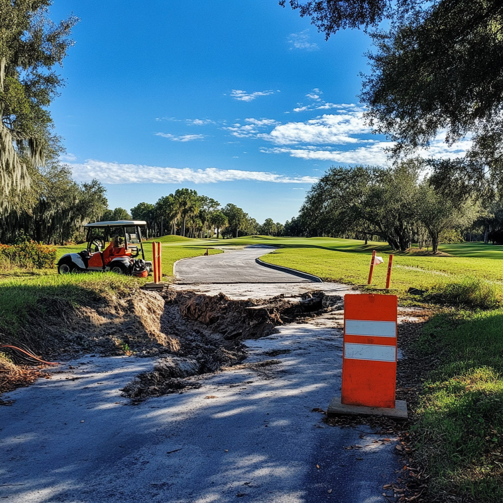 A golf cart path being repaired on a course.