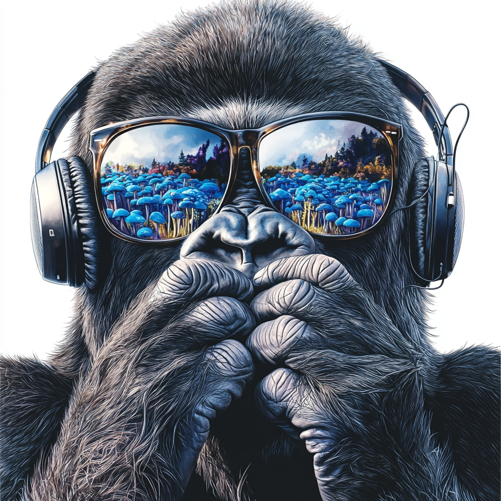 A gorilla wearing sunglasses, headphones, reflecting blue mushrooms.