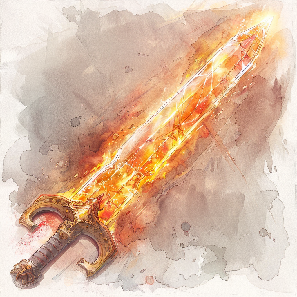 A gothic fantasy sun sword with crystal glowing blade.