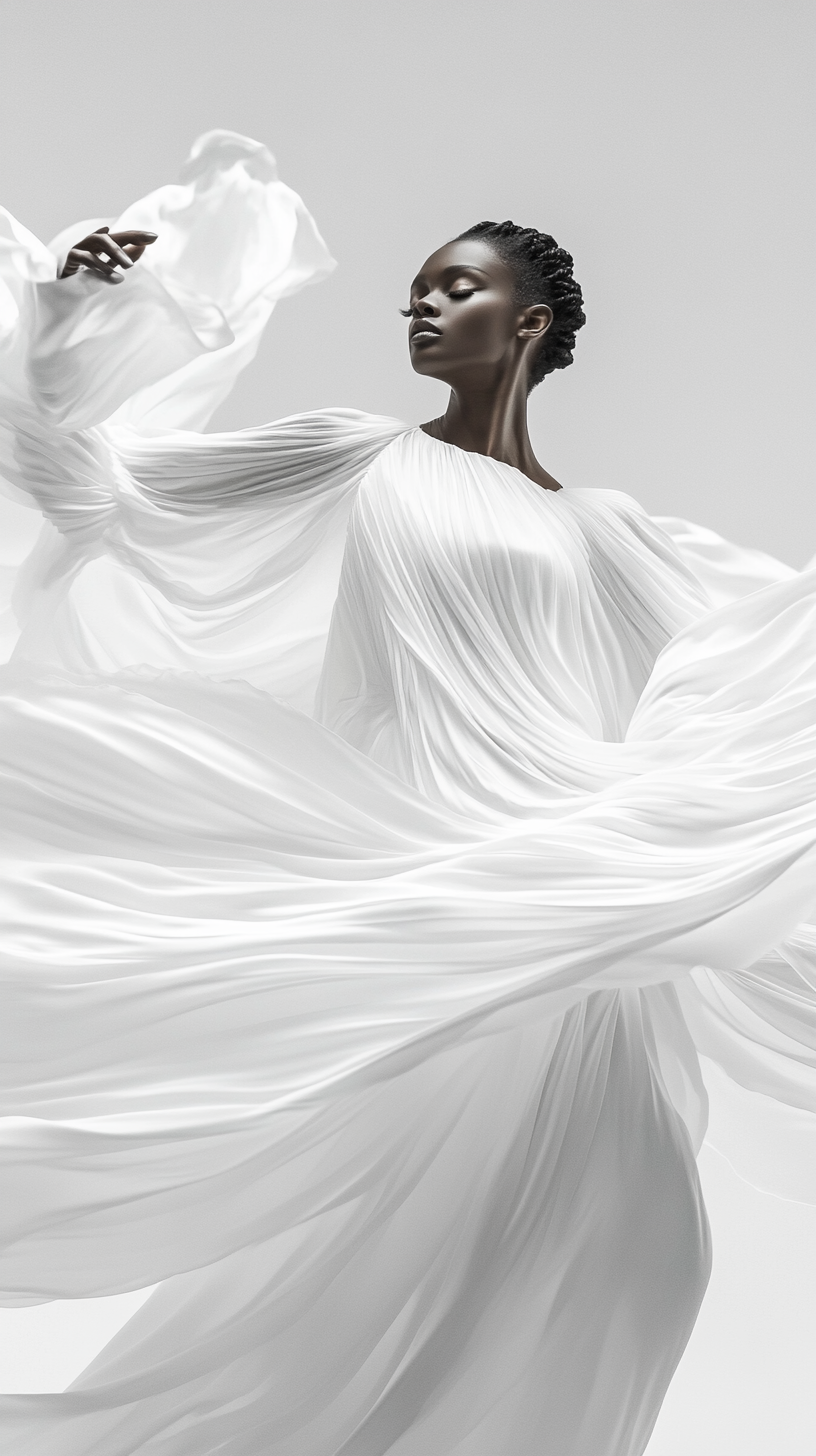 A graceful black model in flowing white silk