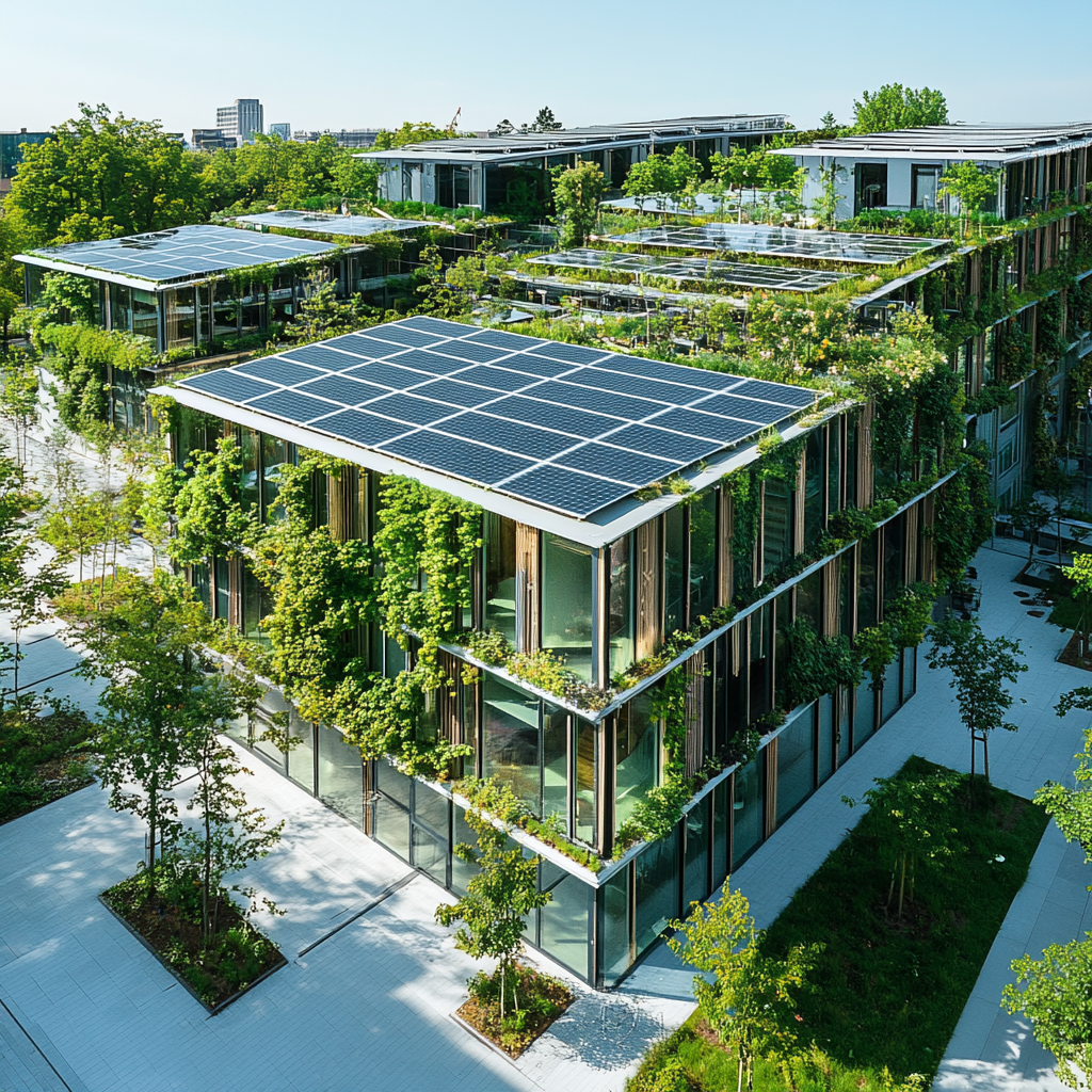 A green, eco-friendly factory with solar panels