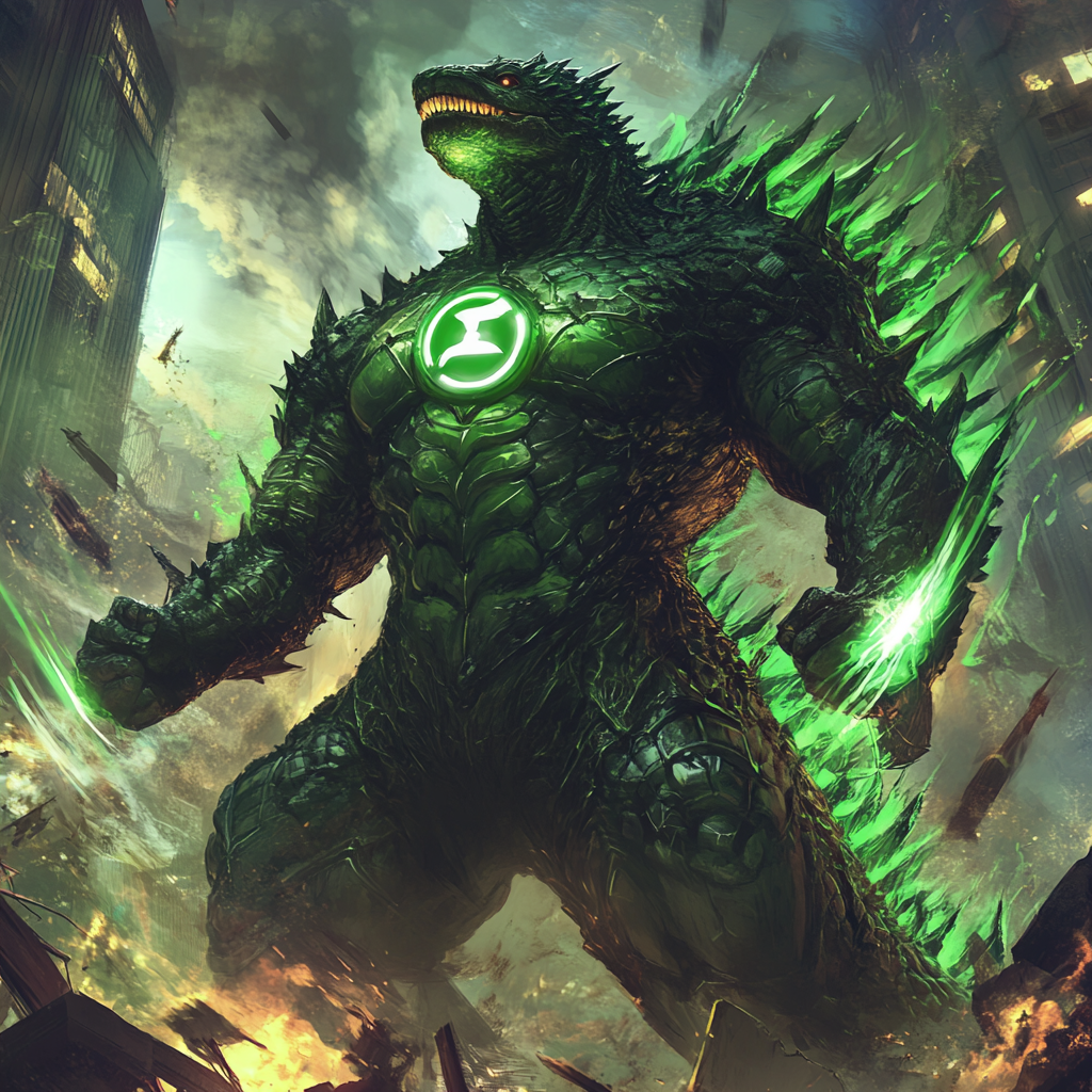 A green Lantern-Godzilla hybrid in a destroyed cityscape.