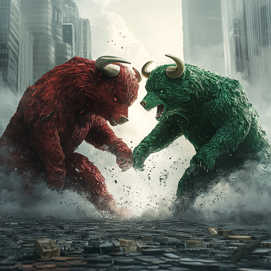 A green bull defeats a red bear in battle.