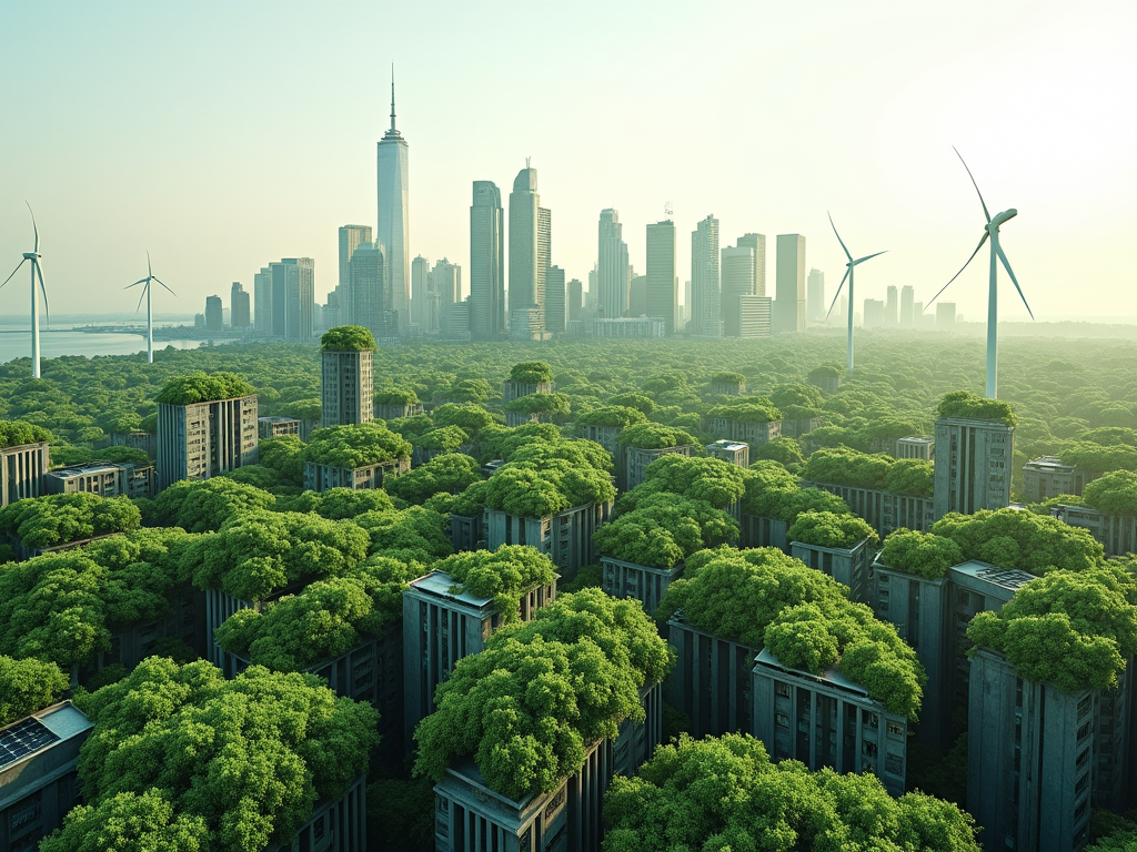 A green city with solar panels and wind turbines.