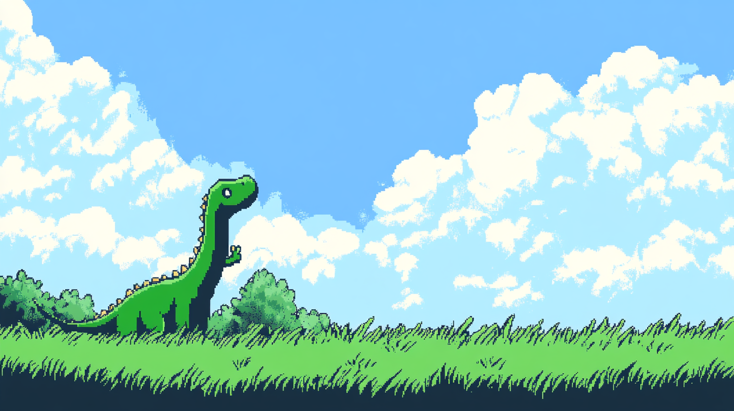 A green dinosaur waving in sunny 8-bit clearing