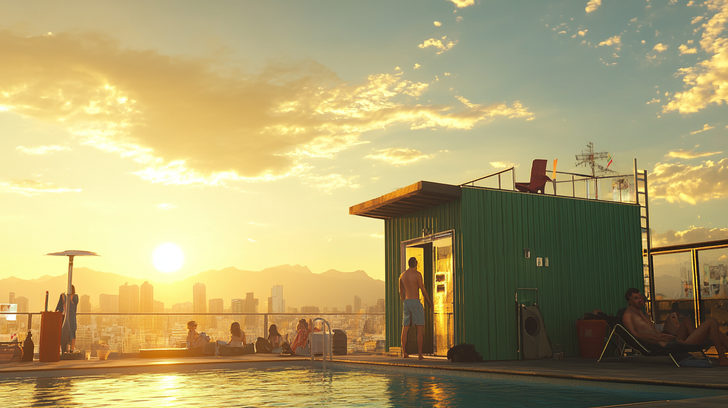 A green hut beside rooftop pool on sunny day.