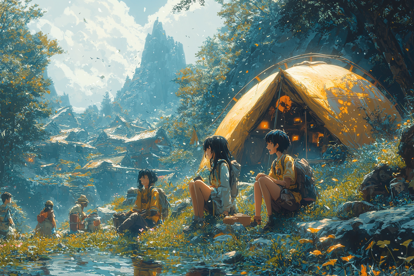 A group of people camping, smiling in nature.