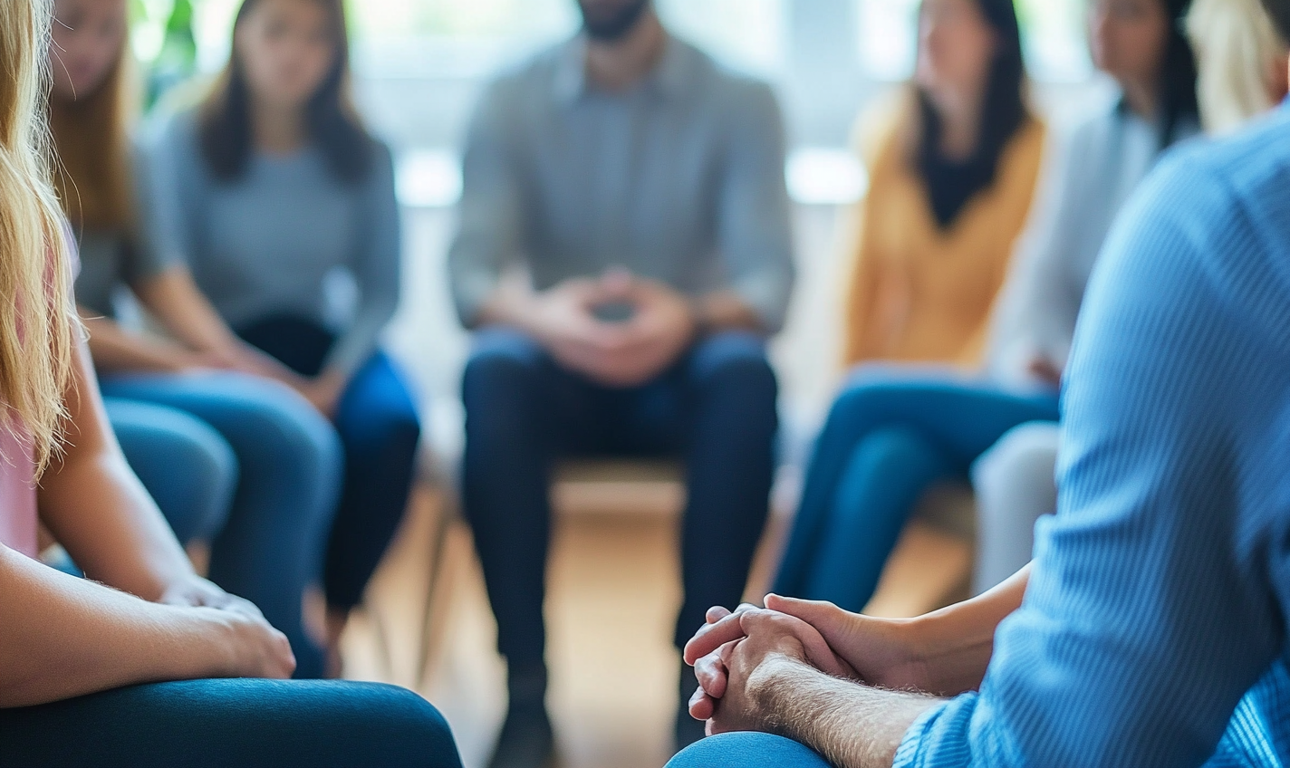 A group of people in therapy sharing emotions.