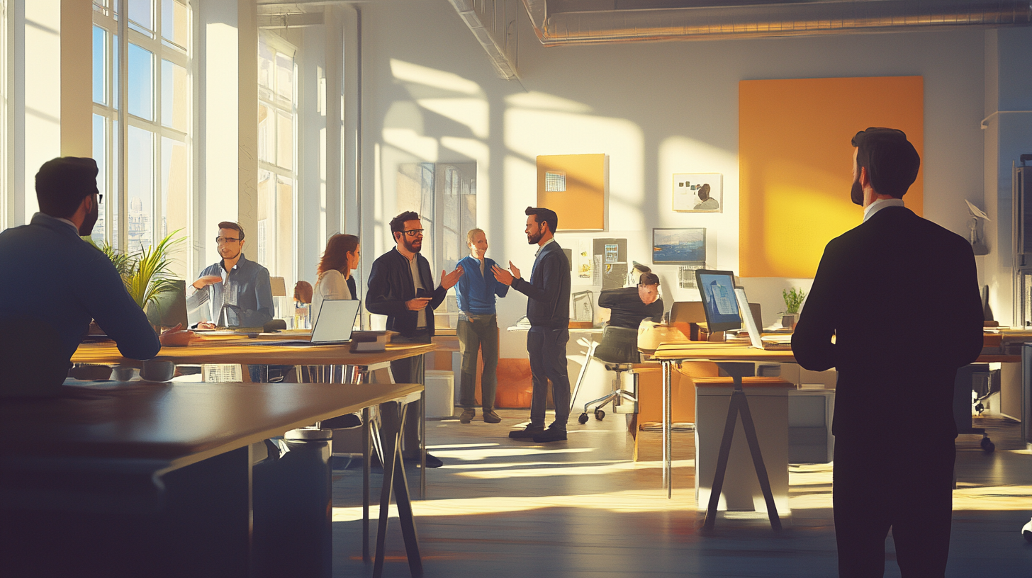 A group of professionals talking openly in office.