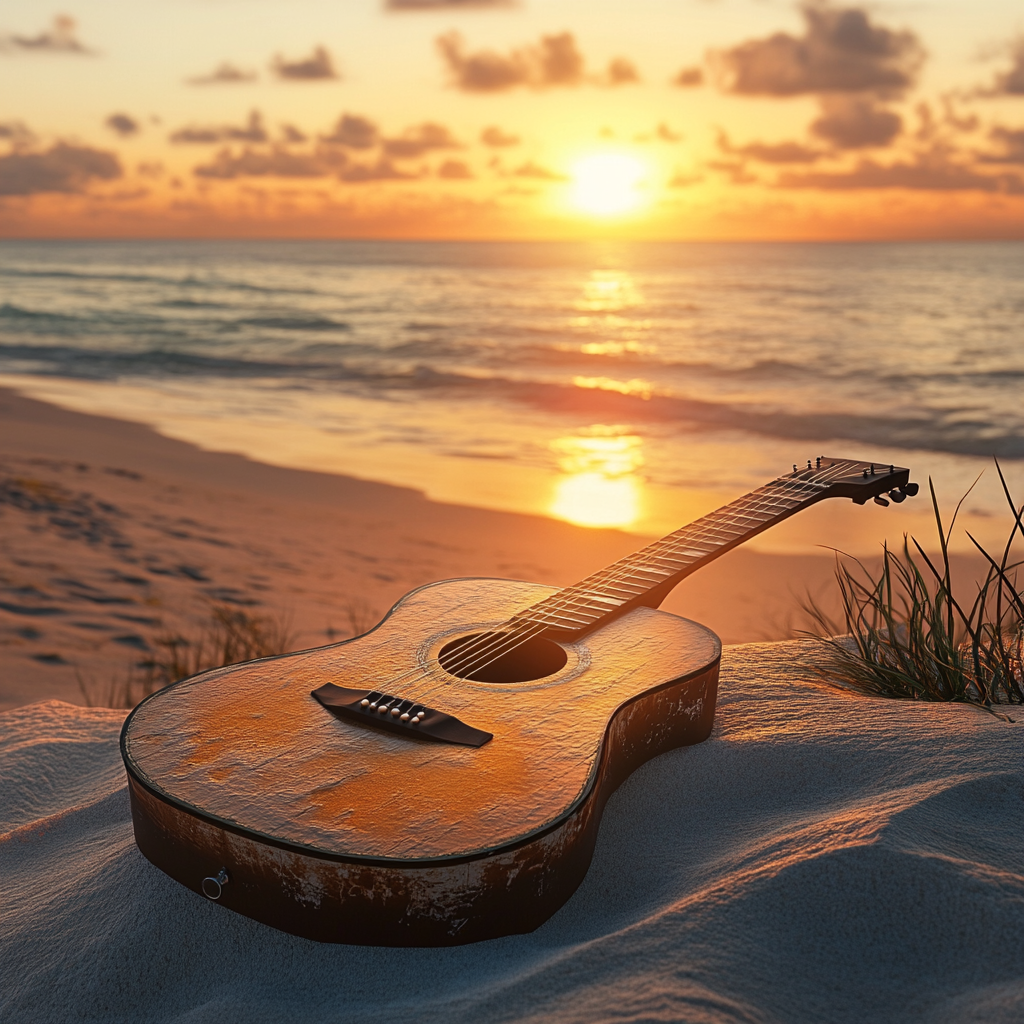 A guitar on sand with ocean and sunset scene.