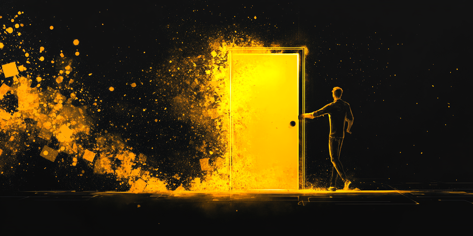 A guy pulling a yellow door in modern room.