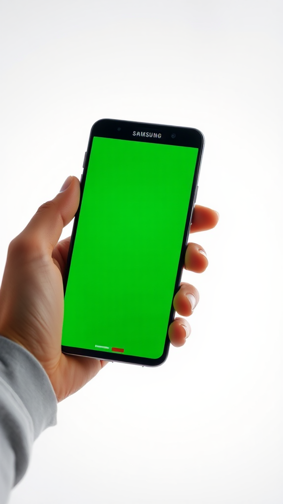 A hand holding a green Samsung Galaxy phone.