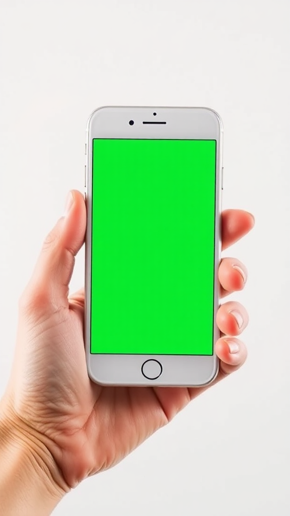 A hand holding a white iPhone with green screen.