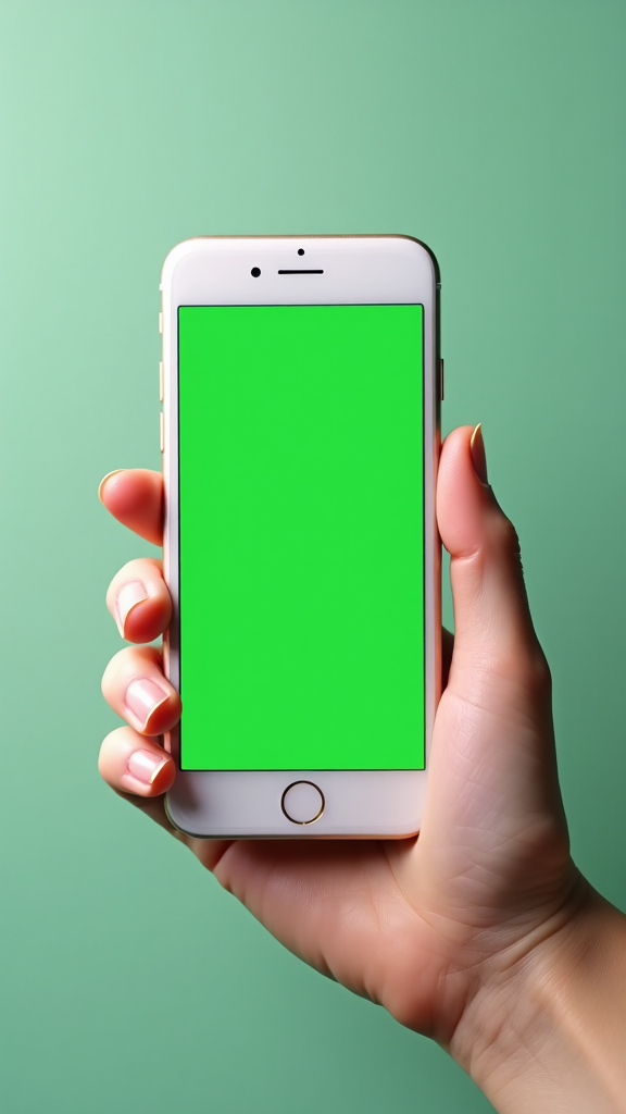 A hand holding a white iPhone with green screen.