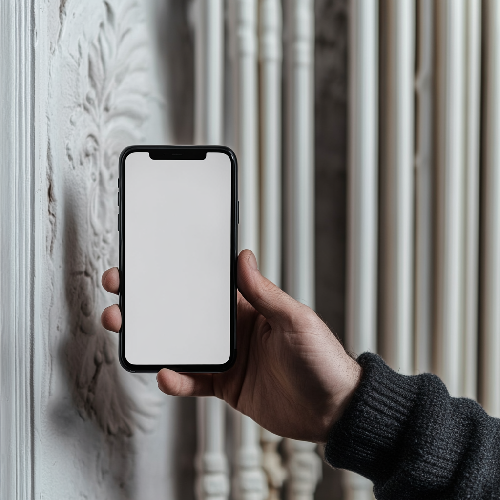 A hand holds phone next to heating system