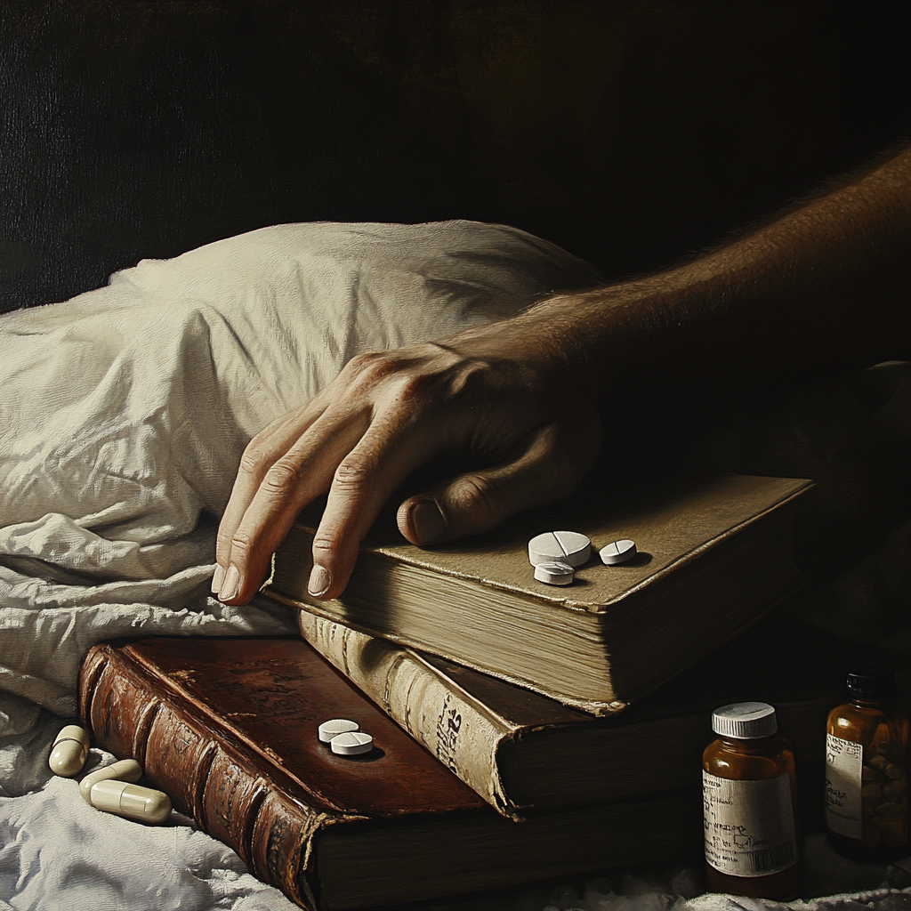 A hand on bed with books & pill bottles