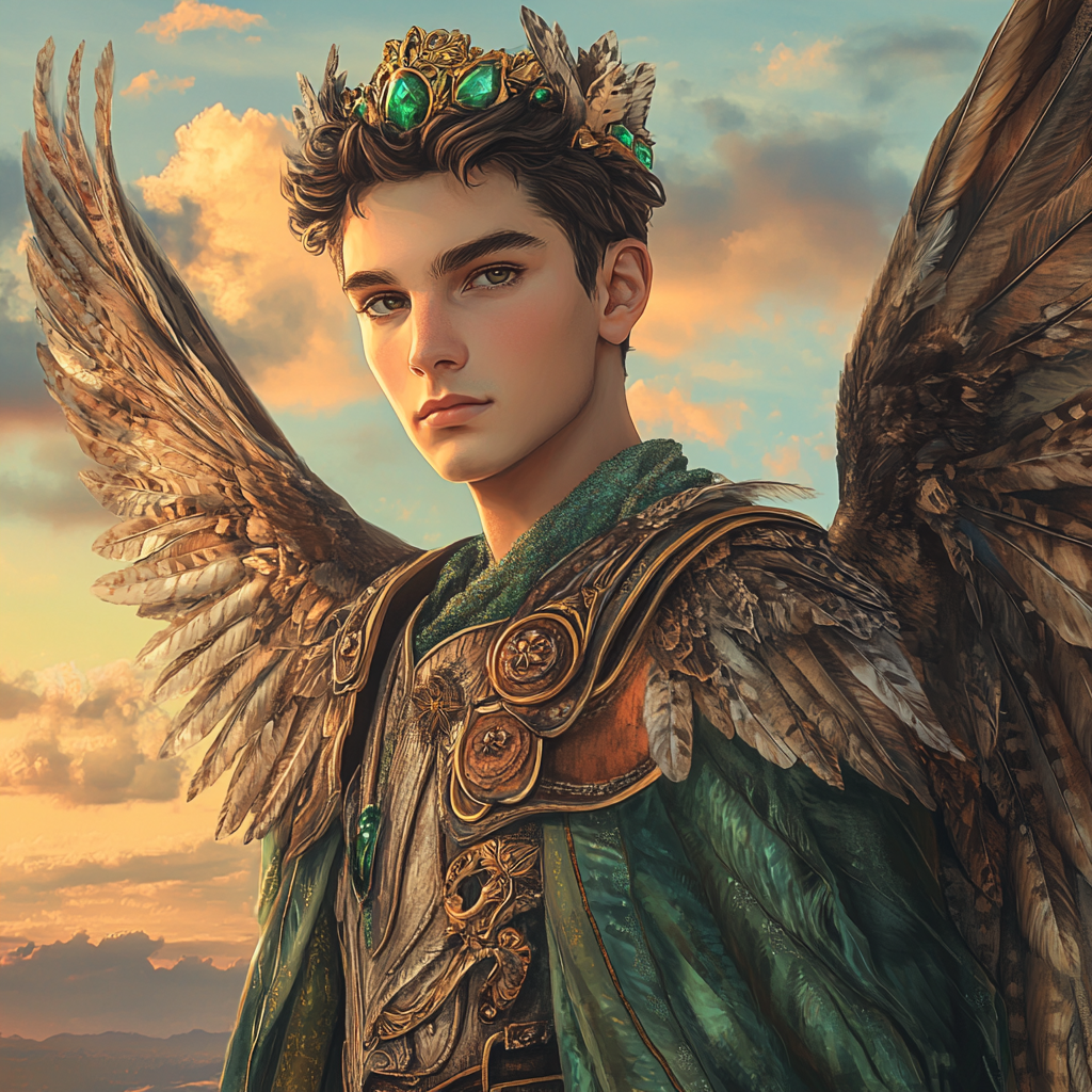 A handsome male Angel flying in emerald green clothes