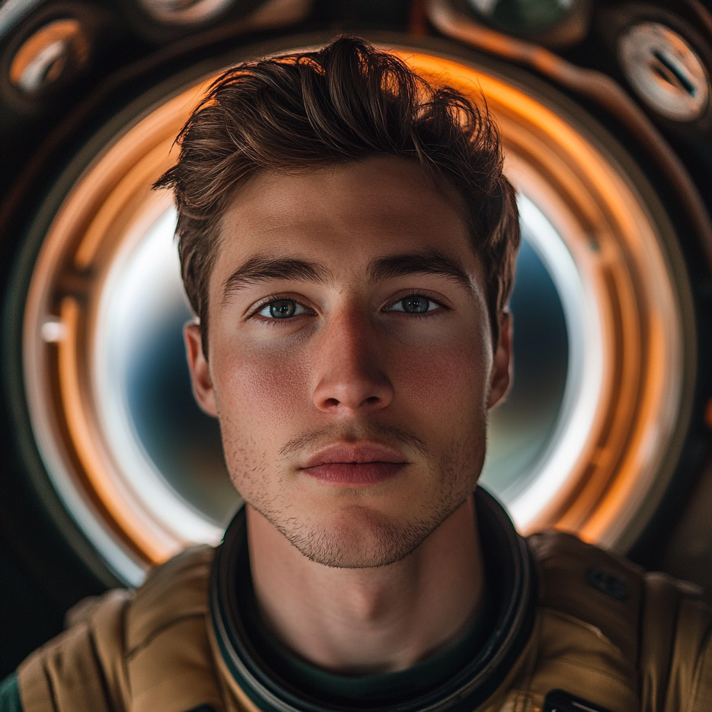 A handsome male influencer in spaceship, looking at camera.