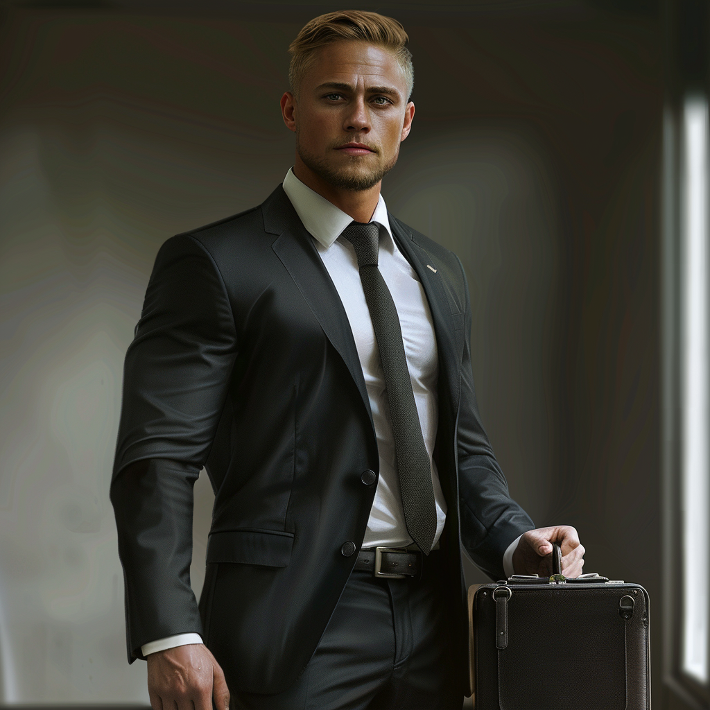 A handsome man in a suit with blonde hair.