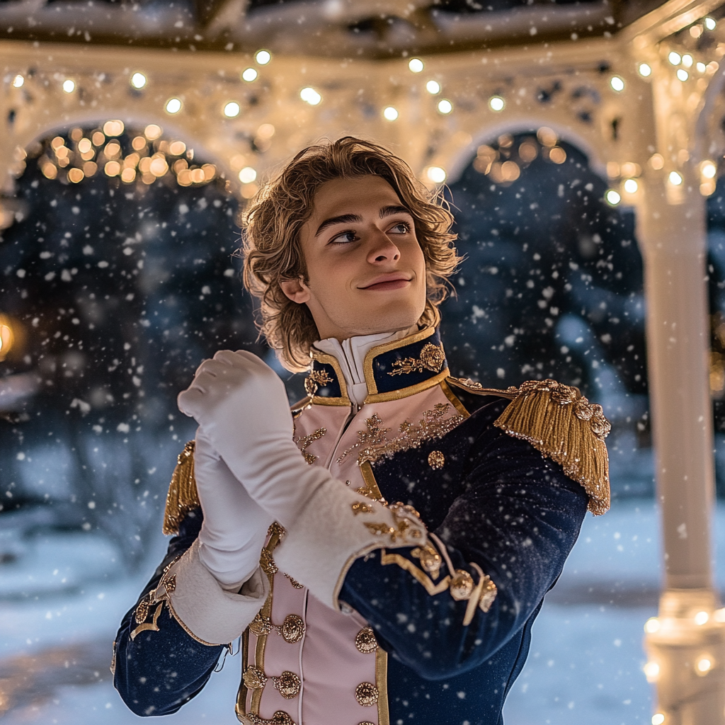 A handsome man in festive uniform at snowy gazebo.