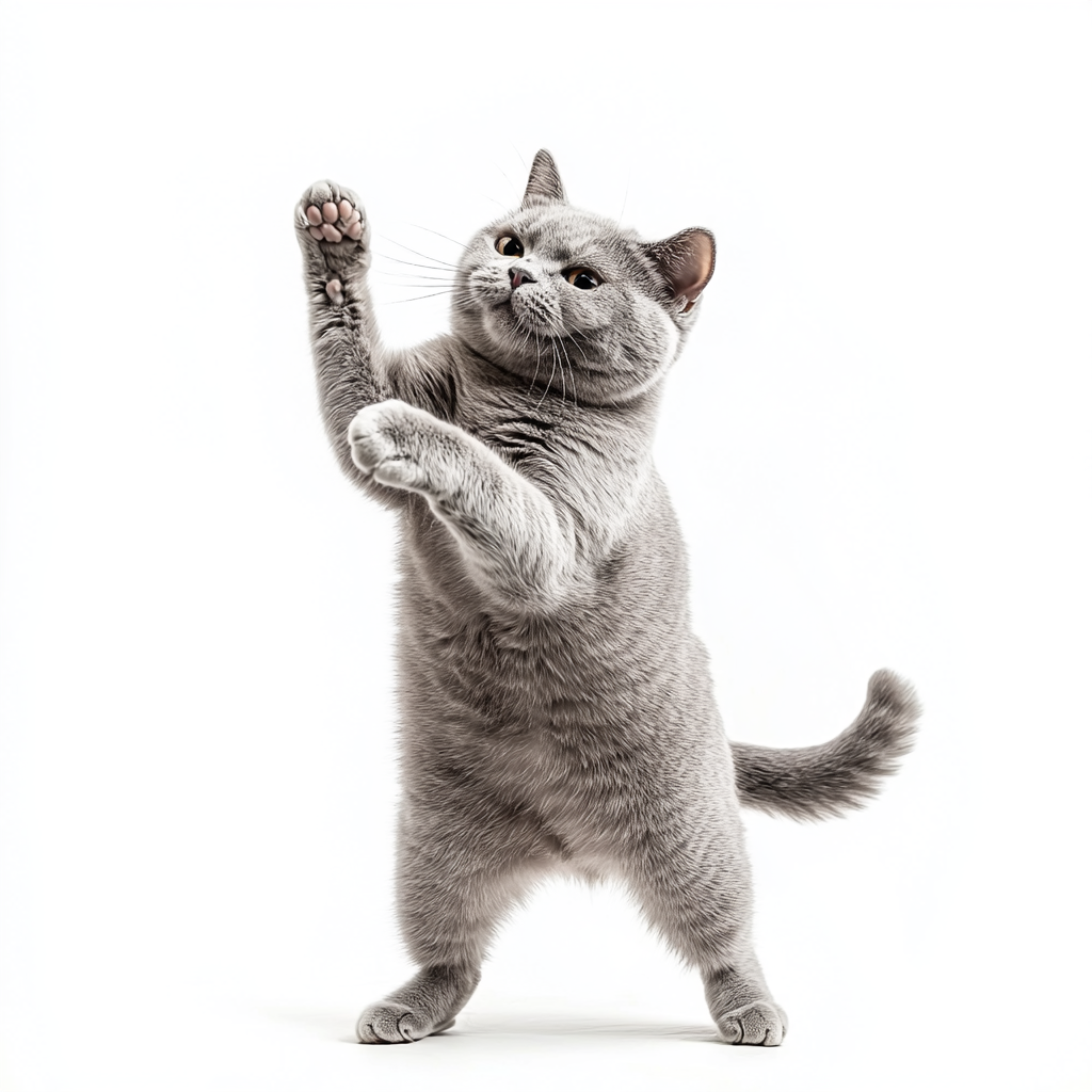 A happy British shorthair cat posing on two legs.