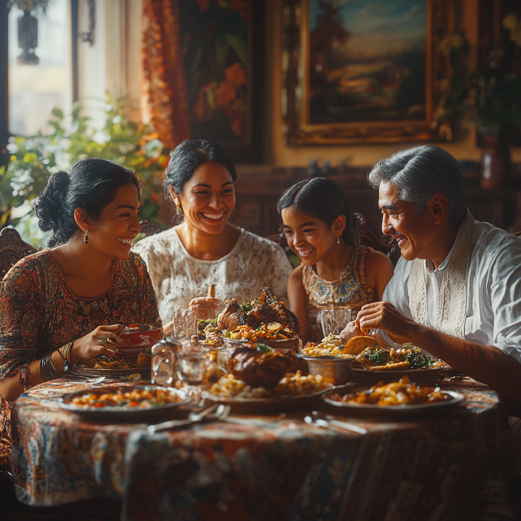 A happy Guatemalan family sharing a meal together