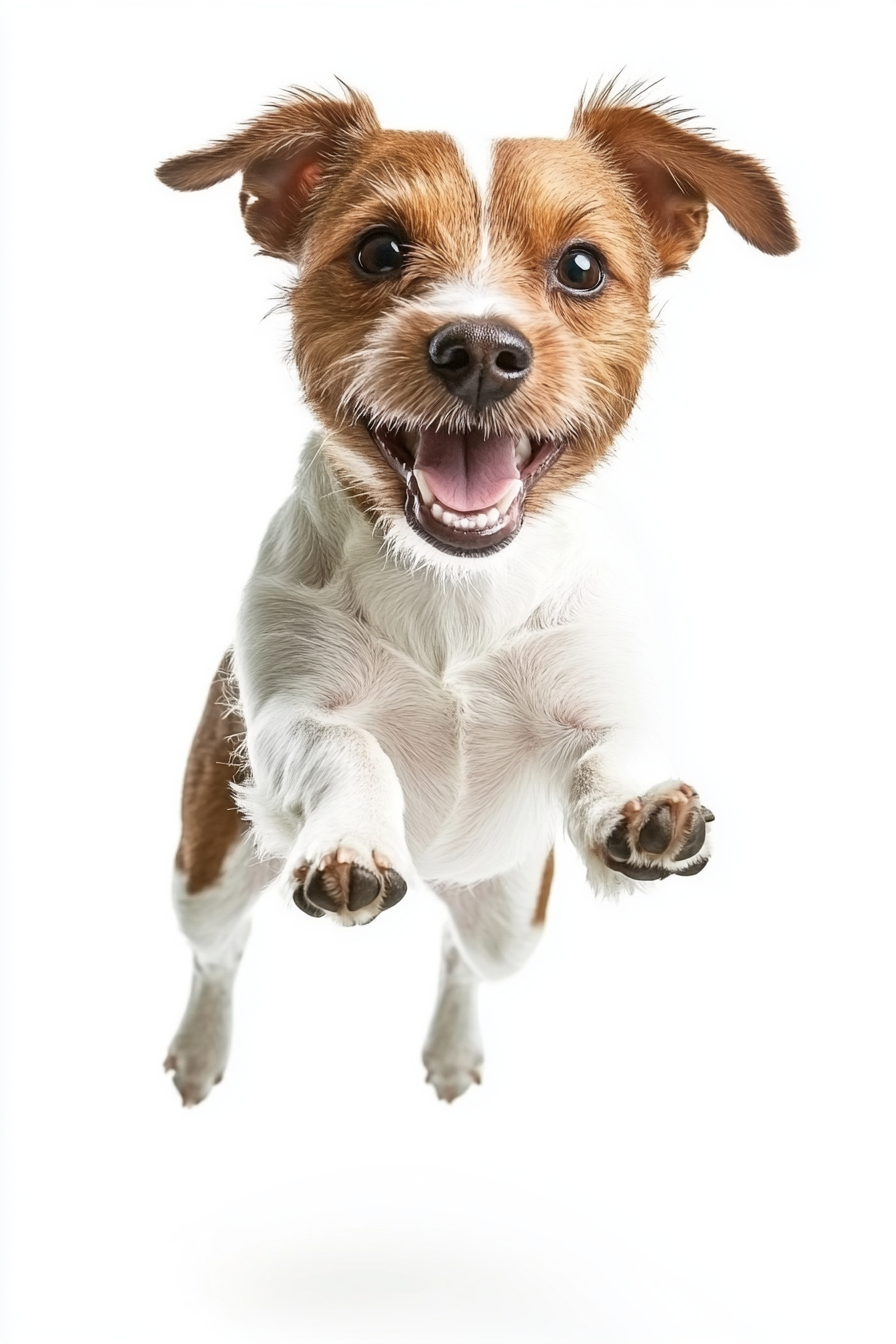 A happy Jack Russell dog jumping in air.