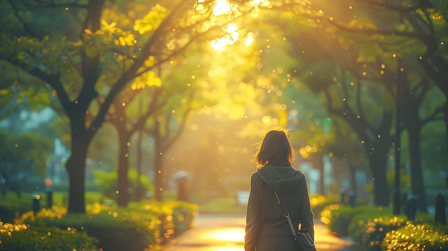 A happy adult walking in peaceful morning park