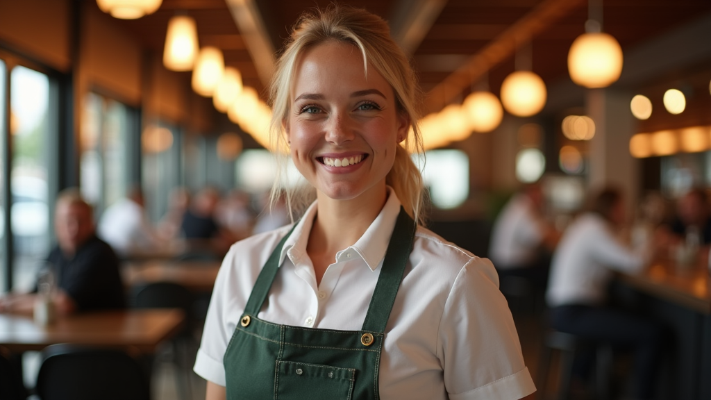 A happy blonde waitress in a bustling restaurant.