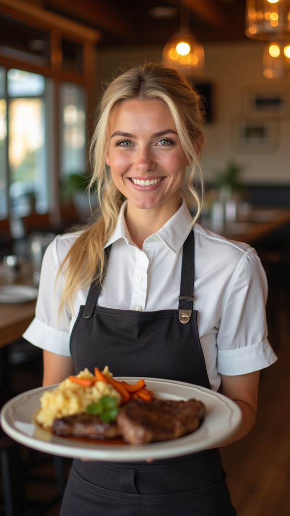 A happy blonde waitress serving beef dish.