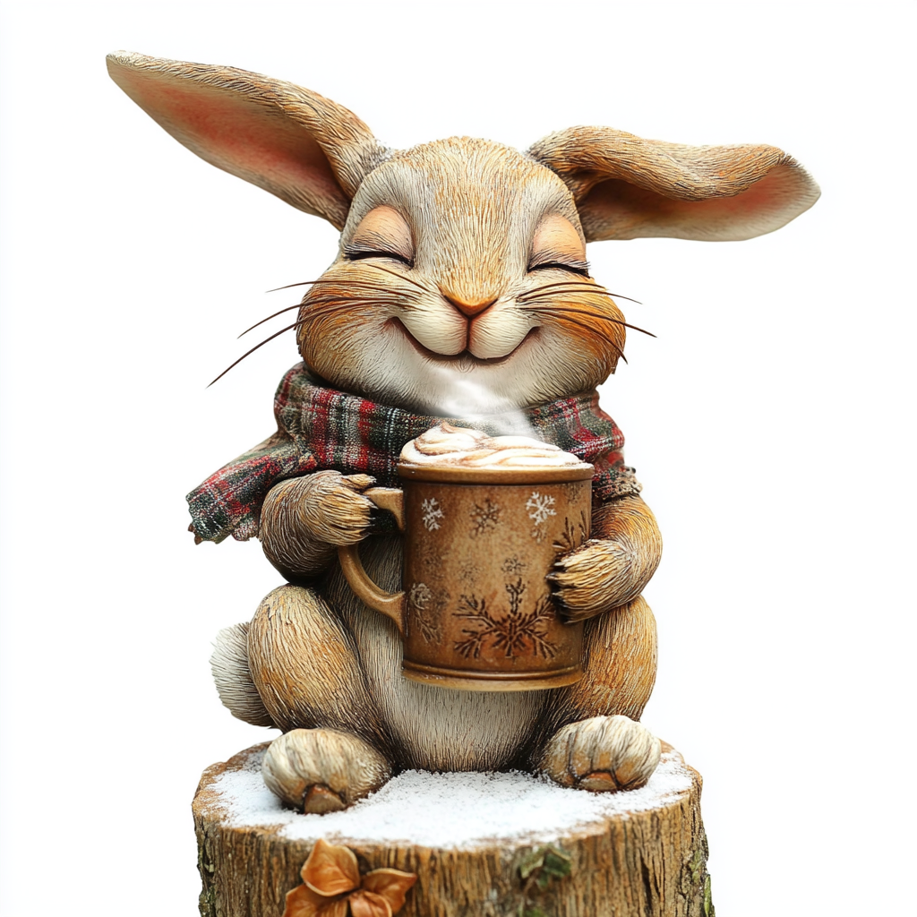 A happy bunny with hot chocolate on a stump.