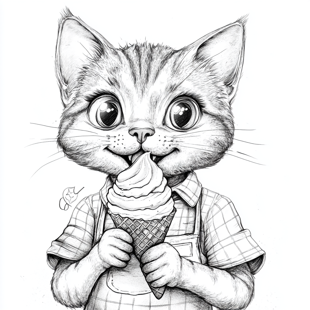 A happy cat holds ice cream in parlor