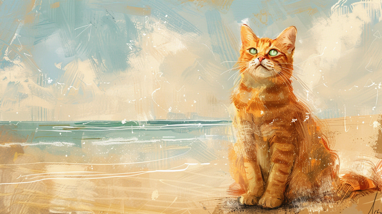 A happy cat on sunny beach in children's book.