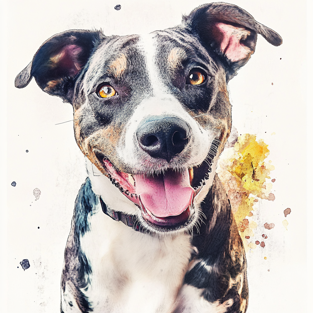 A happy dog's watercolor portrait with long strokes