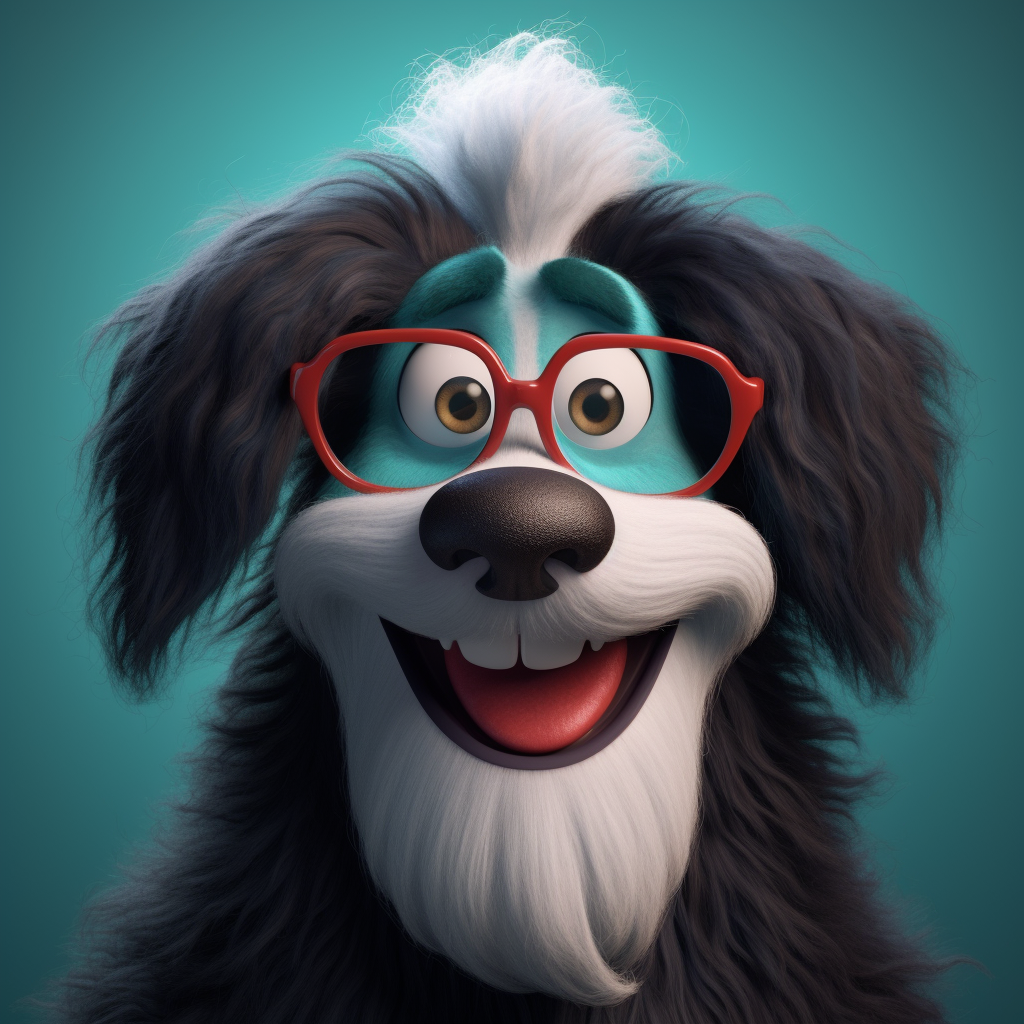 A happy dog with glasses, clown makeup portrait.