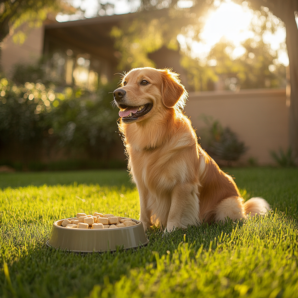 A happy dog with treats in grassy field.