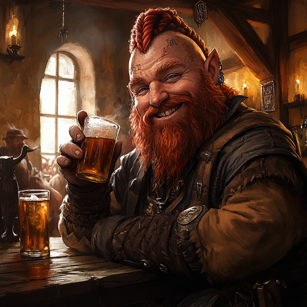 A happy dwarf with red hair drinking in tavern.