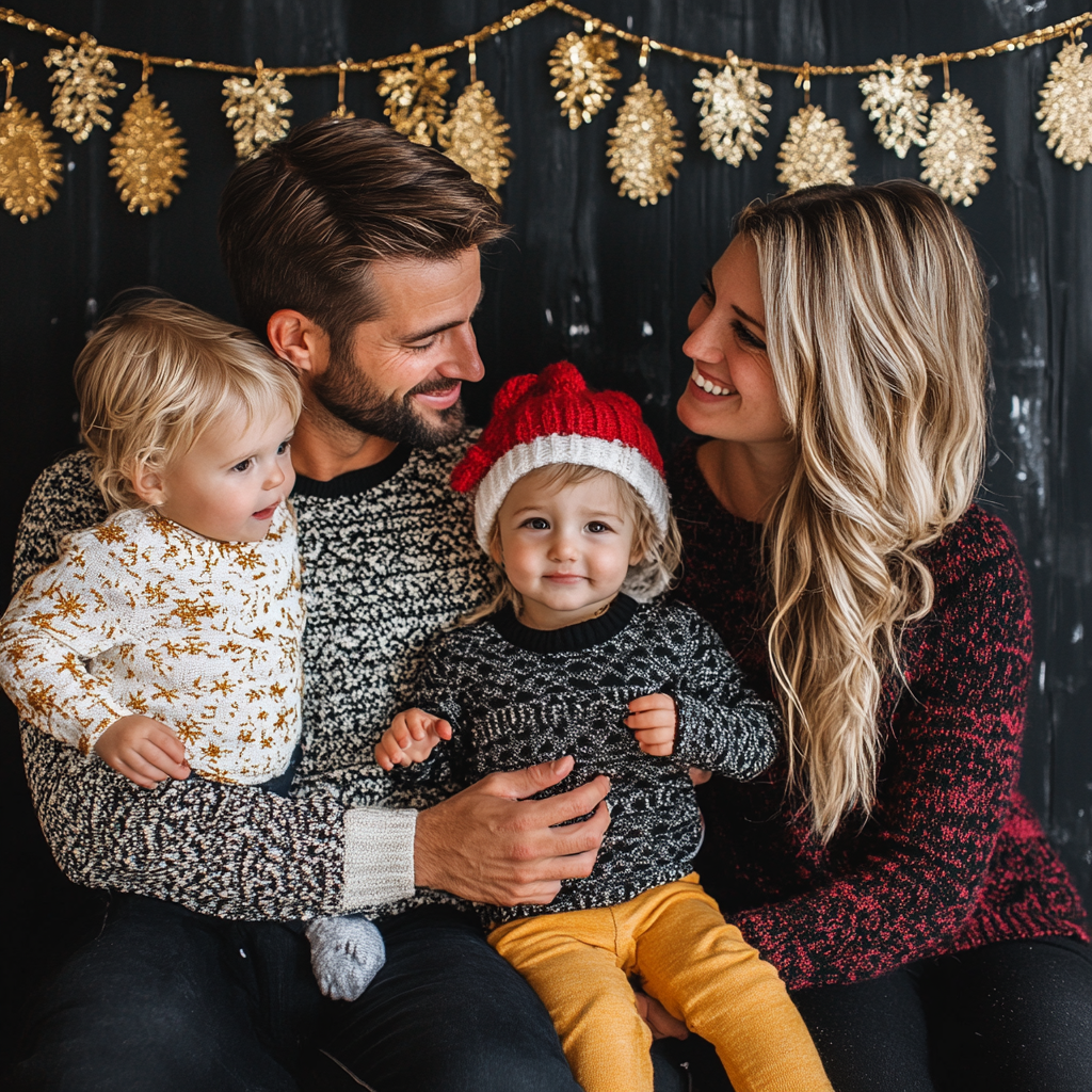 A happy family celebrating Christmas with festive outfits