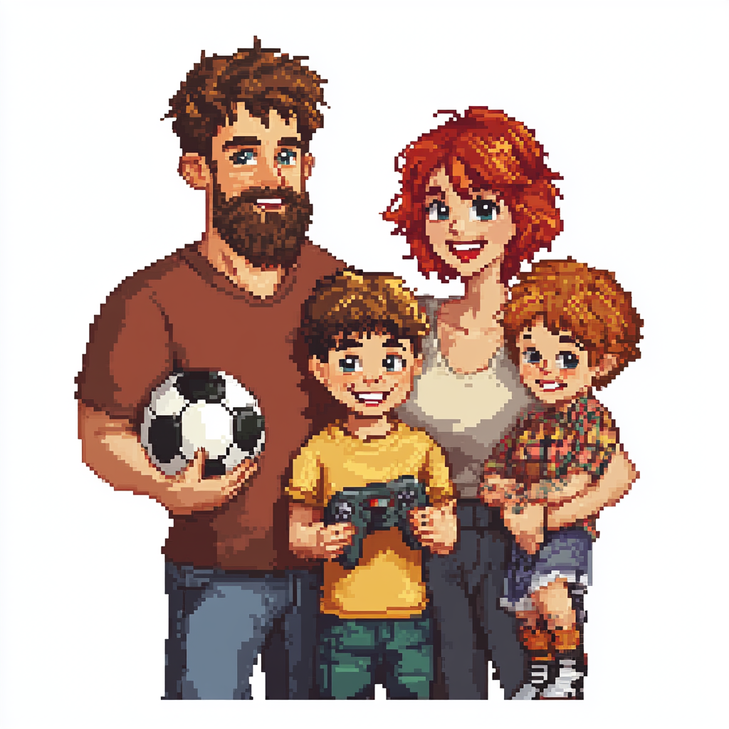 A happy family of four in colorful pixel art.