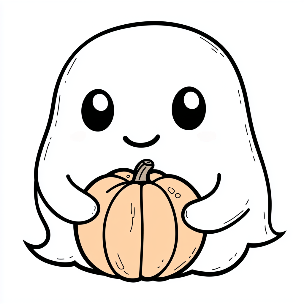 A happy ghost holding a small pumpkin drawing.