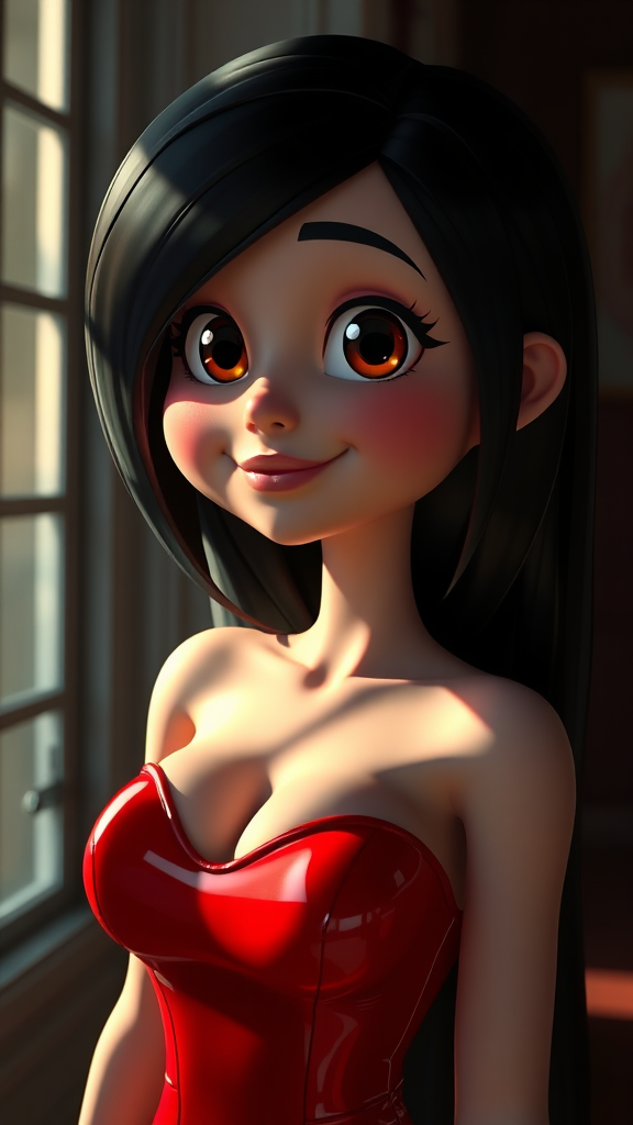 A happy girl in red dress under light.