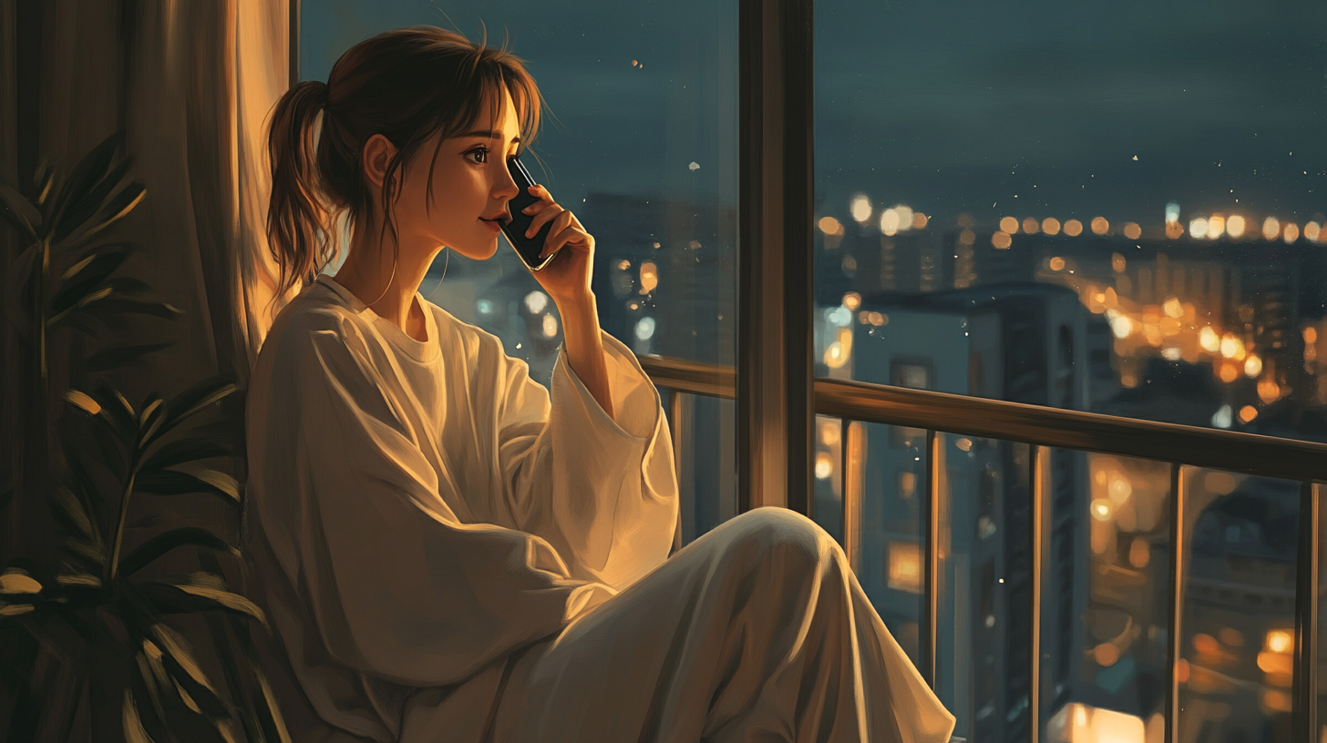 A happy girl talking on phone at night