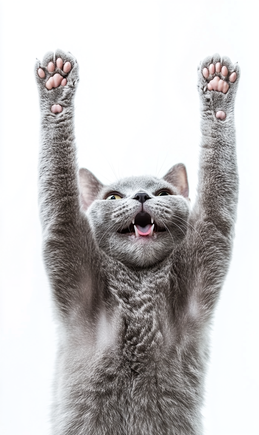 A happy grey cat posing like an actor