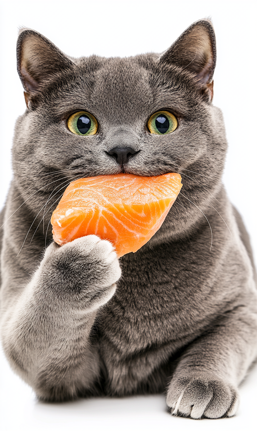 A happy grey cat with salmon in mouth