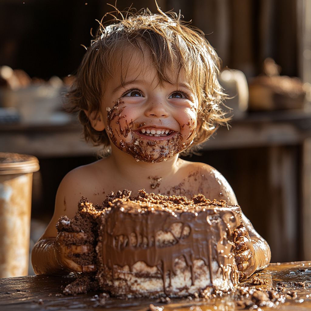 A happy kid eating chocolate cake at restaurant