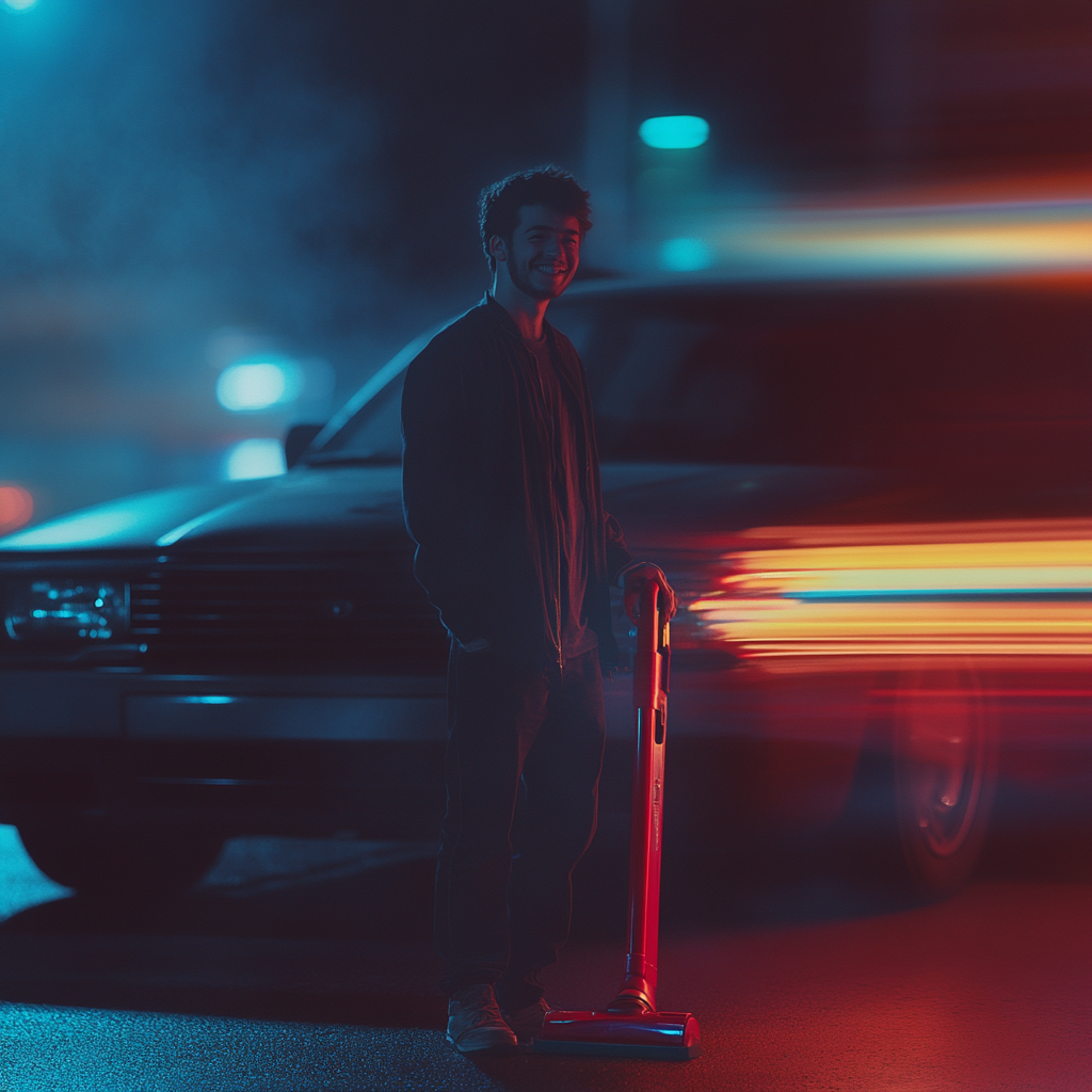 A happy man by a car with vacuum.