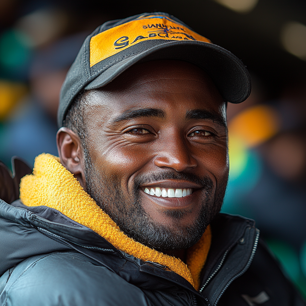 A happy man from Tanzania smiles in stadium