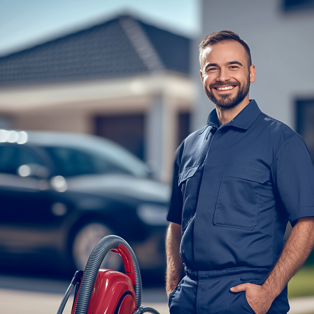 A happy man next to car in front house.