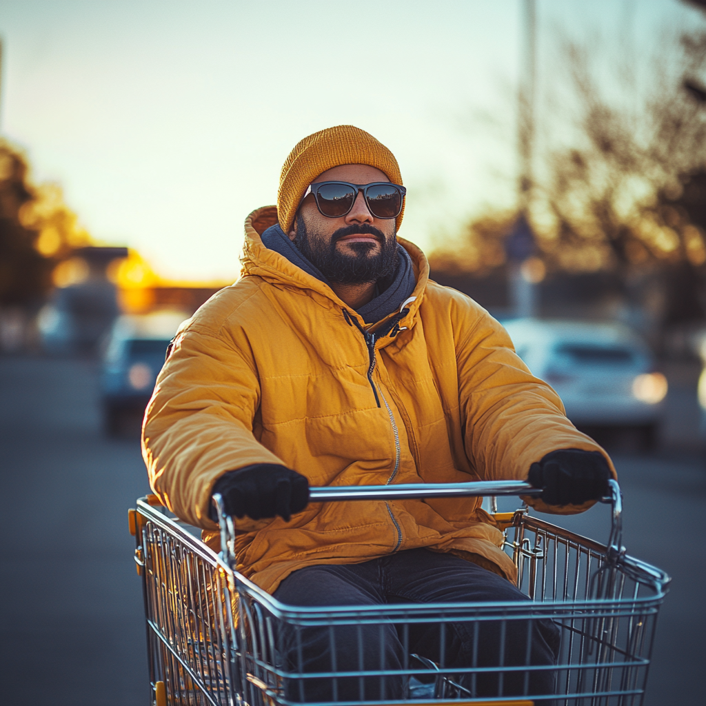 A happy man rides shopping cart in parking lot.